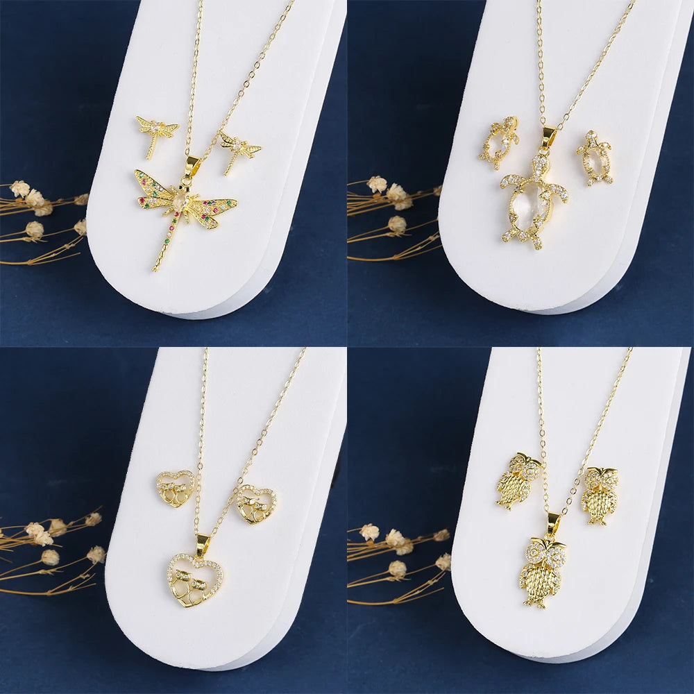 5 Style New Design Animals Dragonfly Turtle Zirconia Jewelry Set Necklace Earrings for Woman Daily Party Jewelry Accessories Qme