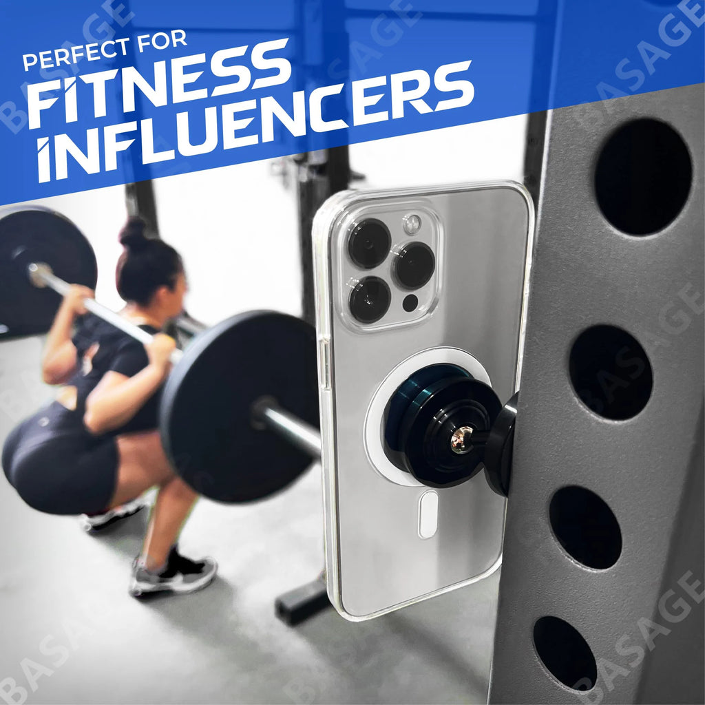 Dual Magnetic Gym Phone Holder for Working Out Videos-Double Sided Strong Magnet with 360 Degree Rotation - Fits Any Smart Phone Qme