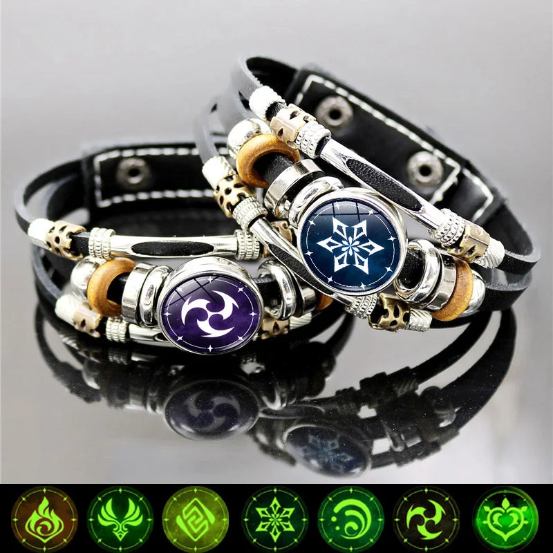 Luminous Genshin Impact Leather Bracelet Eye of God Water Wind Thunder Fire Rock Ice Element Snap Button Bracelets Jewelry Gift Qme