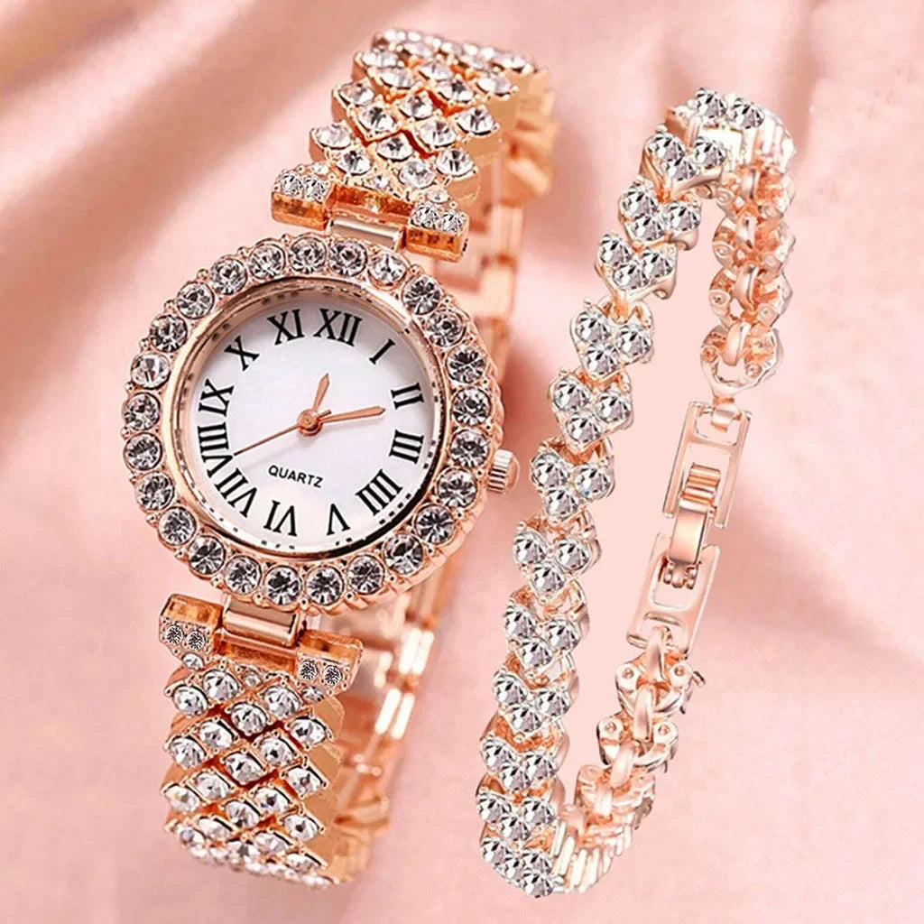 2-piece luxury rhinestone watch set for women, fashionable watch set for women Qme Rose No