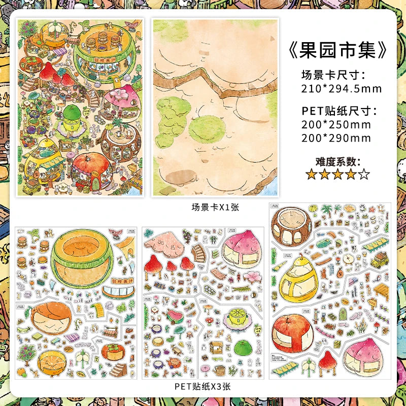 TIANZI 4/8 Pcs Scenes Cartoon Landscape Sticker DIY Cabin Scene Stacking and Pasting Hand Account Decompression Stationery Qme B-4 Pcs