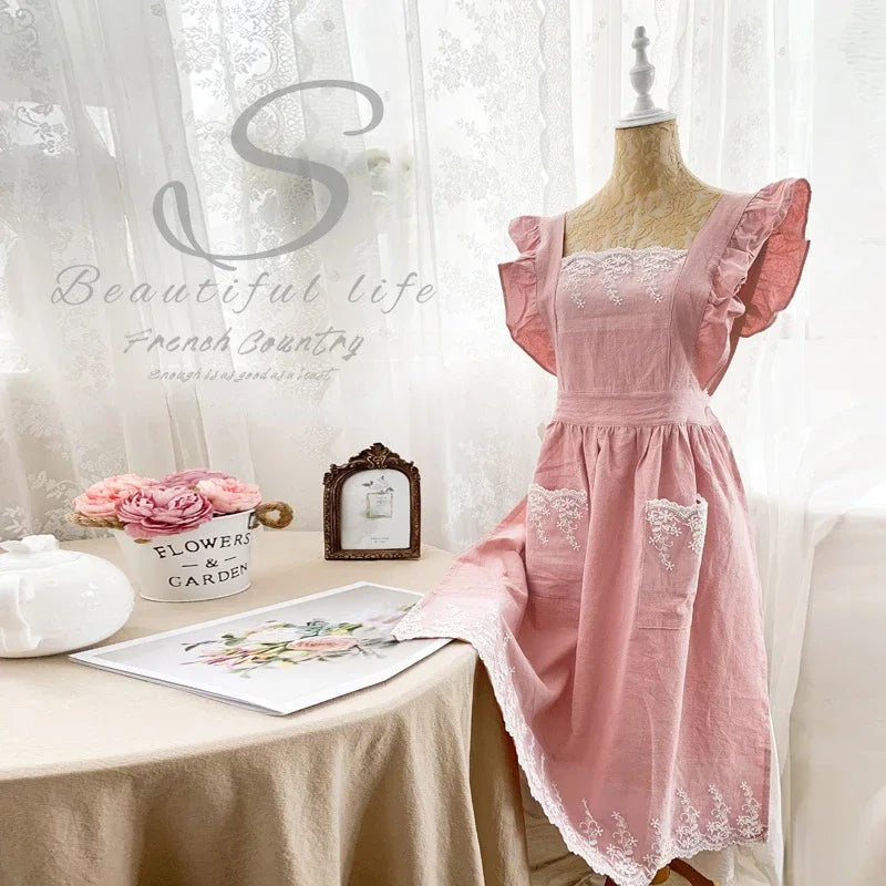 Female Women Apron Cotton Linen Aprons Dress Garden Cafe Kitchen Cooking Florist Palace Style Vintage Fashion Dress Aproning Qme Pink
