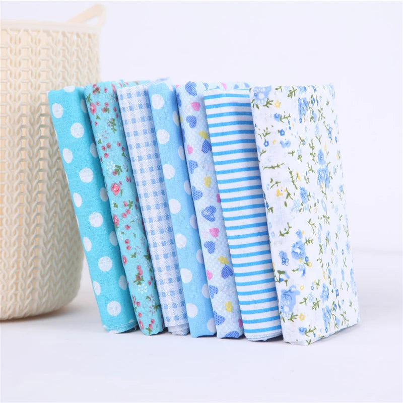 7Pcs Flower Printed Cloth For Dress Sewing Patchwork Fabric Cotton Fabric DIY Handicraft Quilting Needlework Handmade Material Qme 7pcs Blue 25X25cm