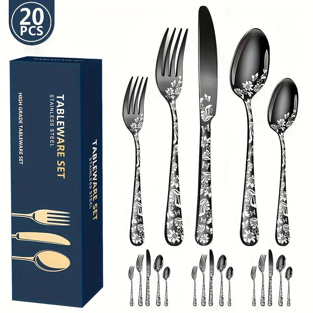 20 piece set, 1 set for home kitchen, Western cuisine, steak pattern, knife, fork, spoon set Qme black
