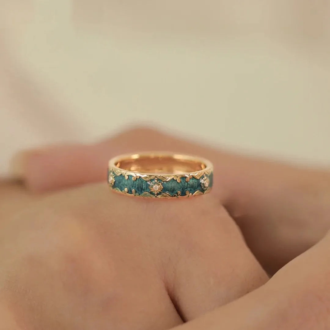 Niche New Fashion Retro Enamel Patterned Open Ring Exquisite Fairy Temperament Jewelry Beautiful Design Couple's Day Trend Gift Qme