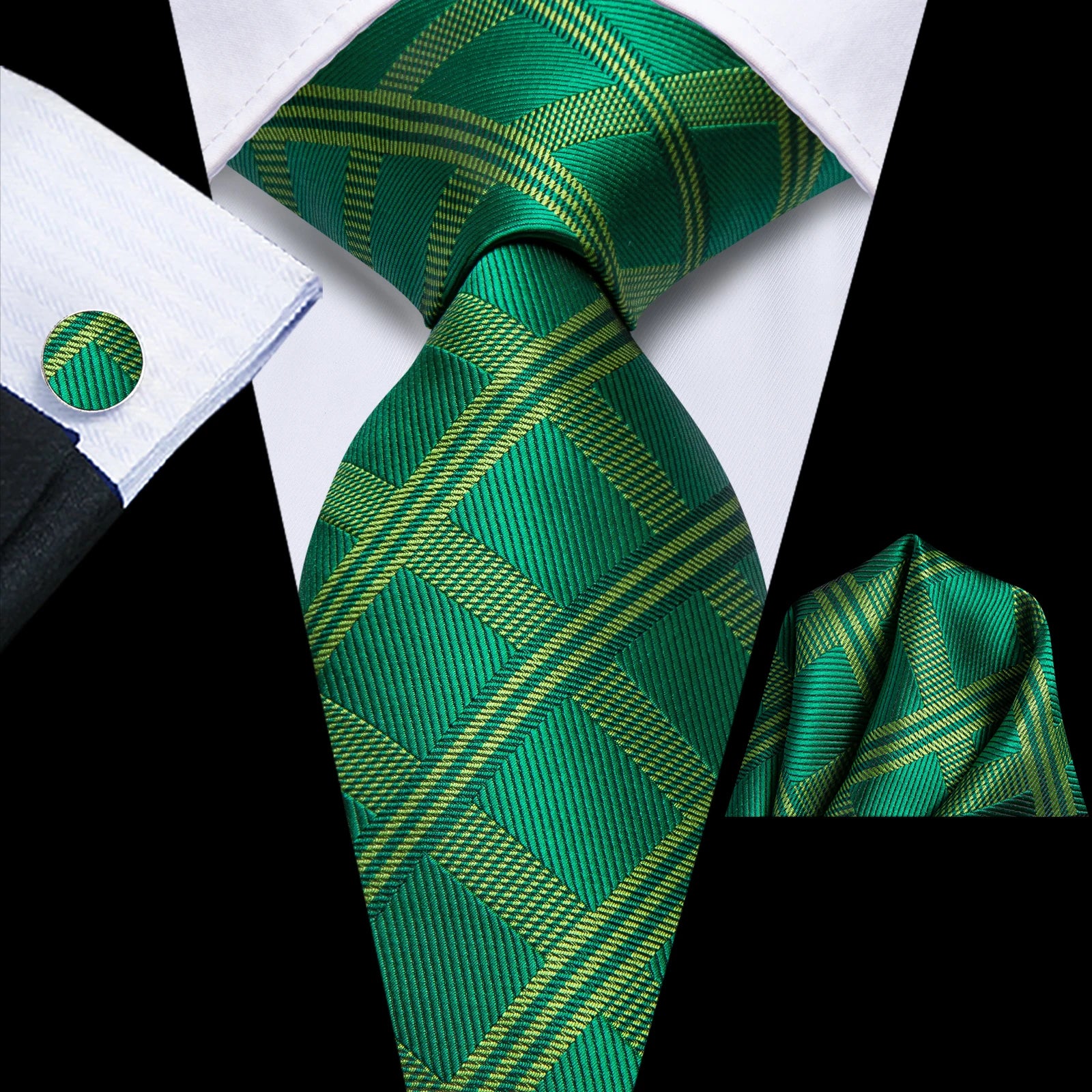 Hi-tie Men Pink Green Necktie Handkerchief Cufflinks Tuxedo Accessory Qme HT-N-0179