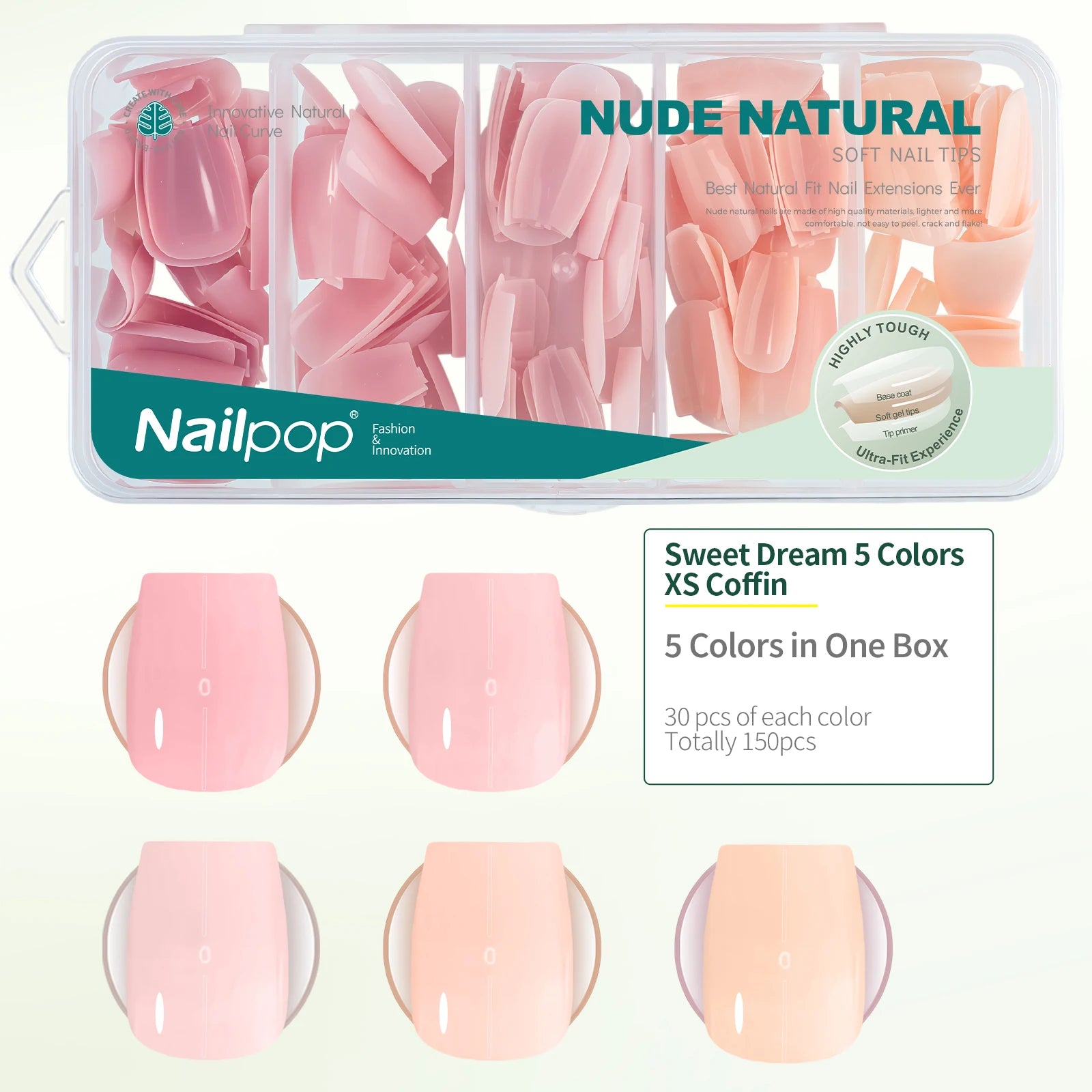 Nailpop 140 1 Nude Pink Nail Tips Per Square Almond Coffin Oval Soft Qme 150PINK XS Coffin