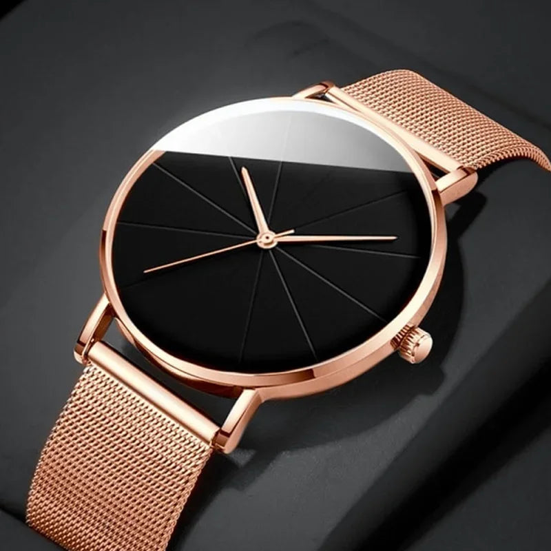Casual Round Pointer Quartz Watch Large Geo Dial Analog Mesh Strap Wristwatch For Women Men Qme