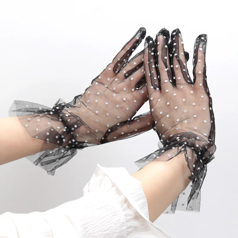 Women Sexy Lace Gloves Transparentes Dot Mesh Short Tulle Mittens Qme A2