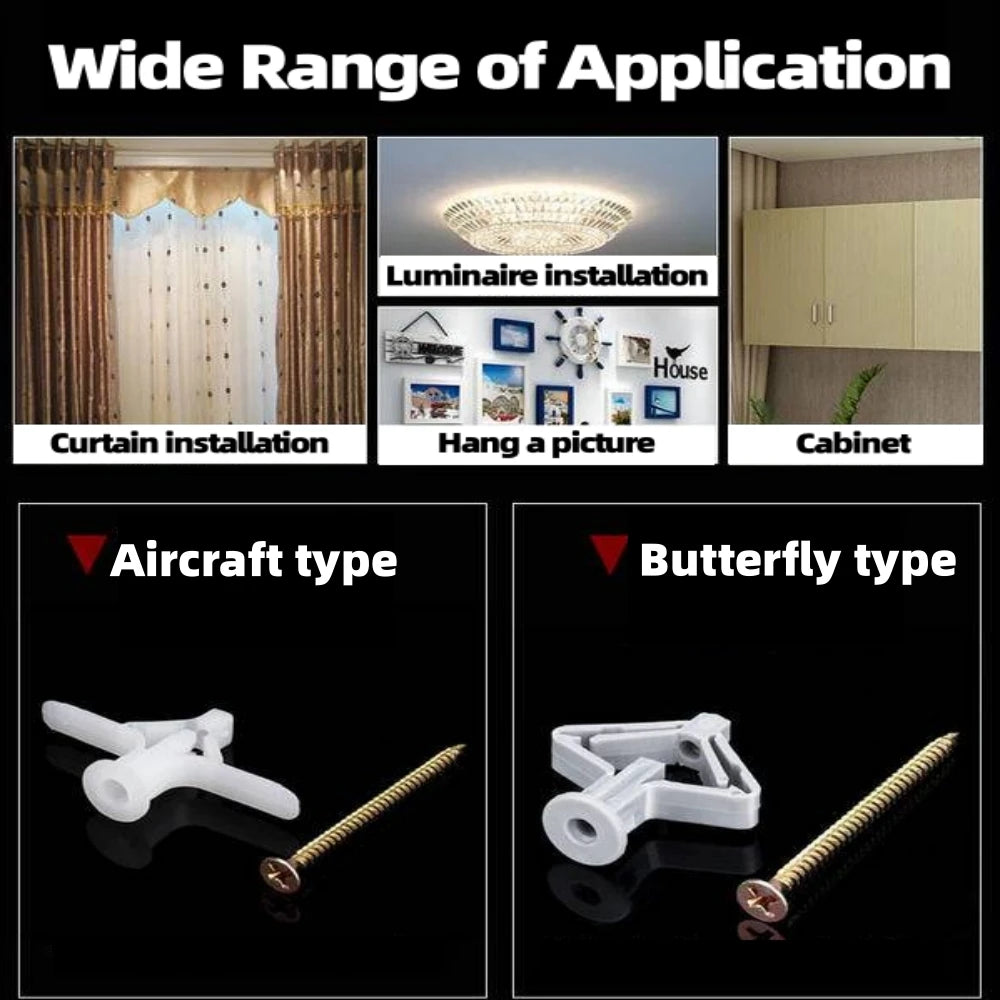 50Pcs Nylon Plane Type Expansion Bolt Special Expansion Screws Butterfly Shaped Gypsum Wall Hardware Accessories Qme
