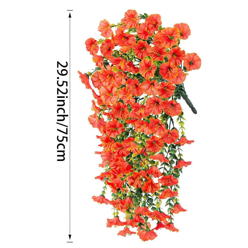 1pc 29.52" Artificial Fake Morning Glory Hanging Flowers UV Resistant Realistic Hanging Petunias Plants For Garden Wedding Decor Qme sunset red