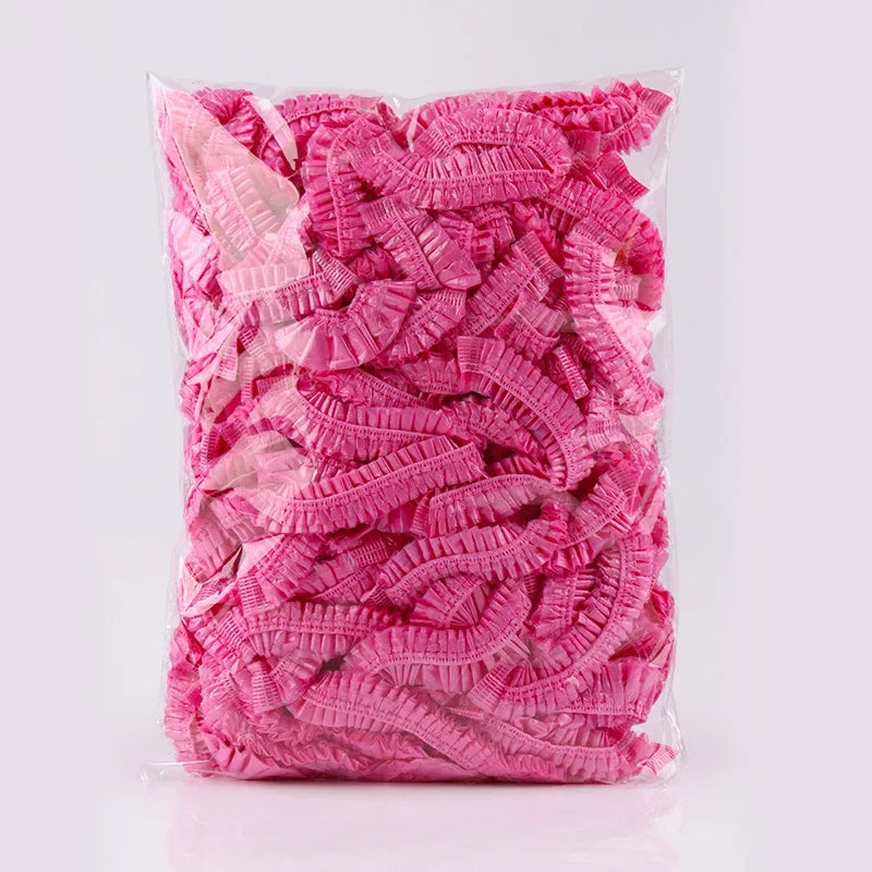 100Pcs Shower Cap Head Cover Elastic Plastic Thickened Pink Round Cover Food Kitchen Bathroom Accessories Food Preservation Bag Qme Pink
