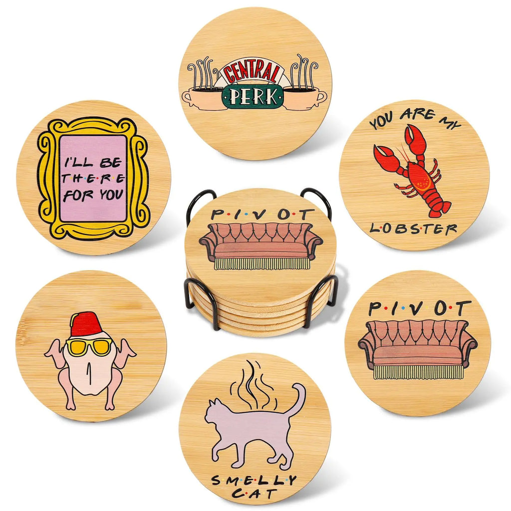 Wooden Coasters Holder Cozy Home Decor Food Cat Lobster Pattern Qme 1 set