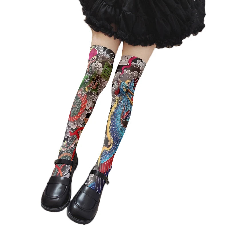 Women's Sexy Thigh-high Stockings Trend Tattoo Full Print Pattern 3D Qme style2 75CM