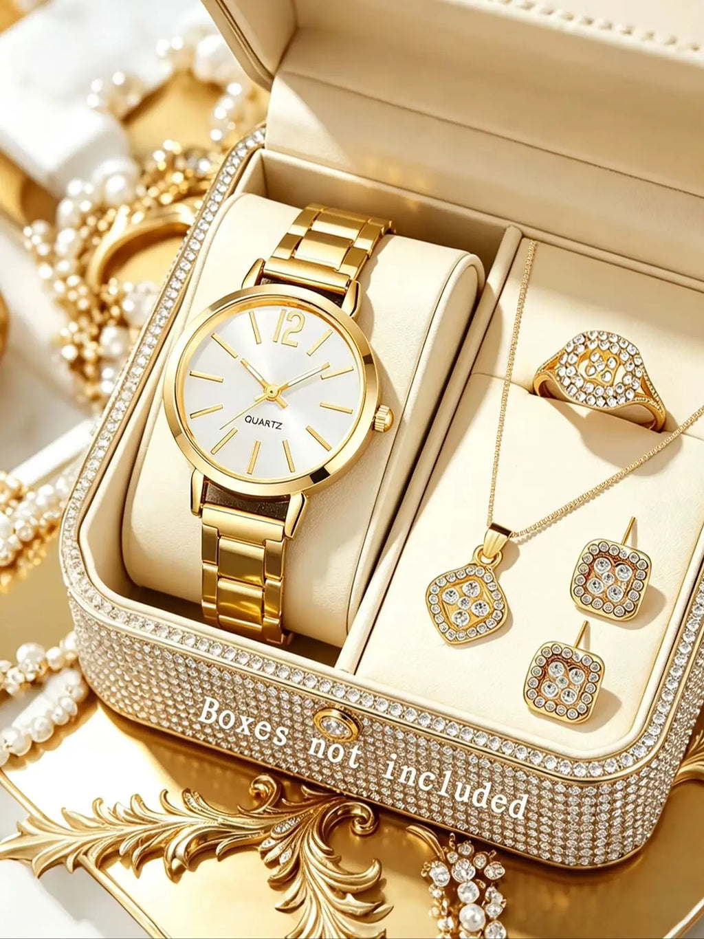 5pcs fashionable, elegant, simple temperament women's quartz watch set with round dial and exquisite jewelry set Qme 5PCS-JB