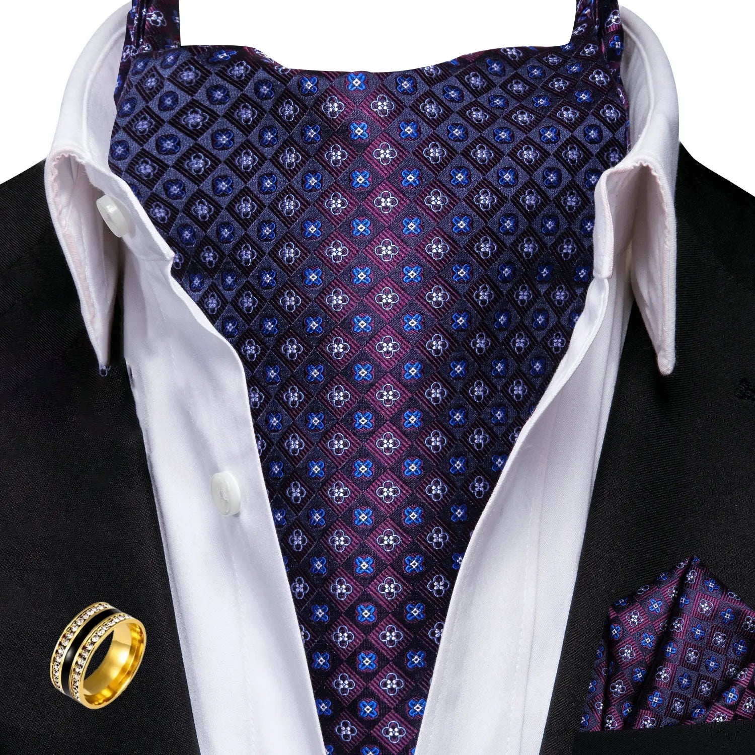 Ascot Tie Set, Classic Cravat with Pocket Square & Decorative Ring, Fashion Men's Neck Accessories Wedding silk Party Daily Wear Qme AS-1184-JZ0020