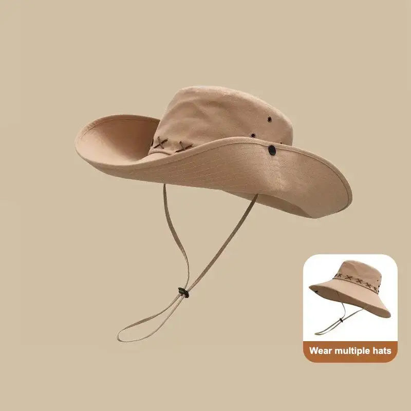 Breathable Western Cowboy Hat Solid Adjustable Wide Brim Sun Outdoor Qme Khaki