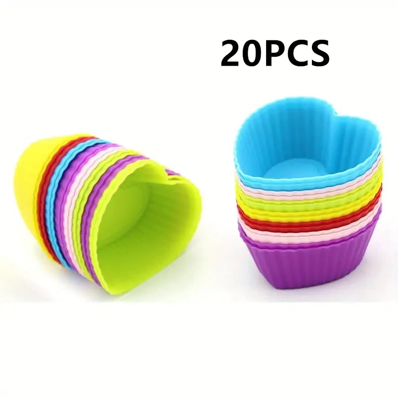 Silicone Cake Mold Round Heart Shape Muffin Cupcake Baking Molds Home Kitchen Bakeware Baking Cups BPA Free Kitchen Gadgets ﻿ Qme 20PCS Heart