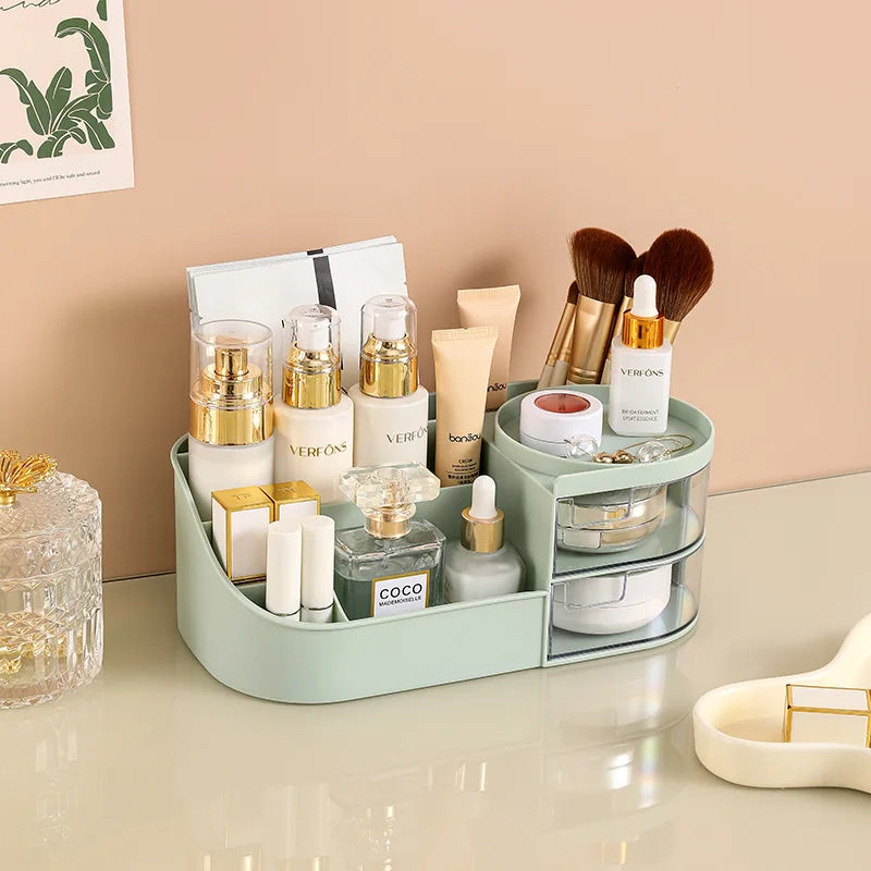 Makeup Storage Box With Mirror Desktop Dressing Table Makeup Mirror Cosmetics Jewelry Storage Box Touch Light Storage Organizer Qme SMatchaGreen