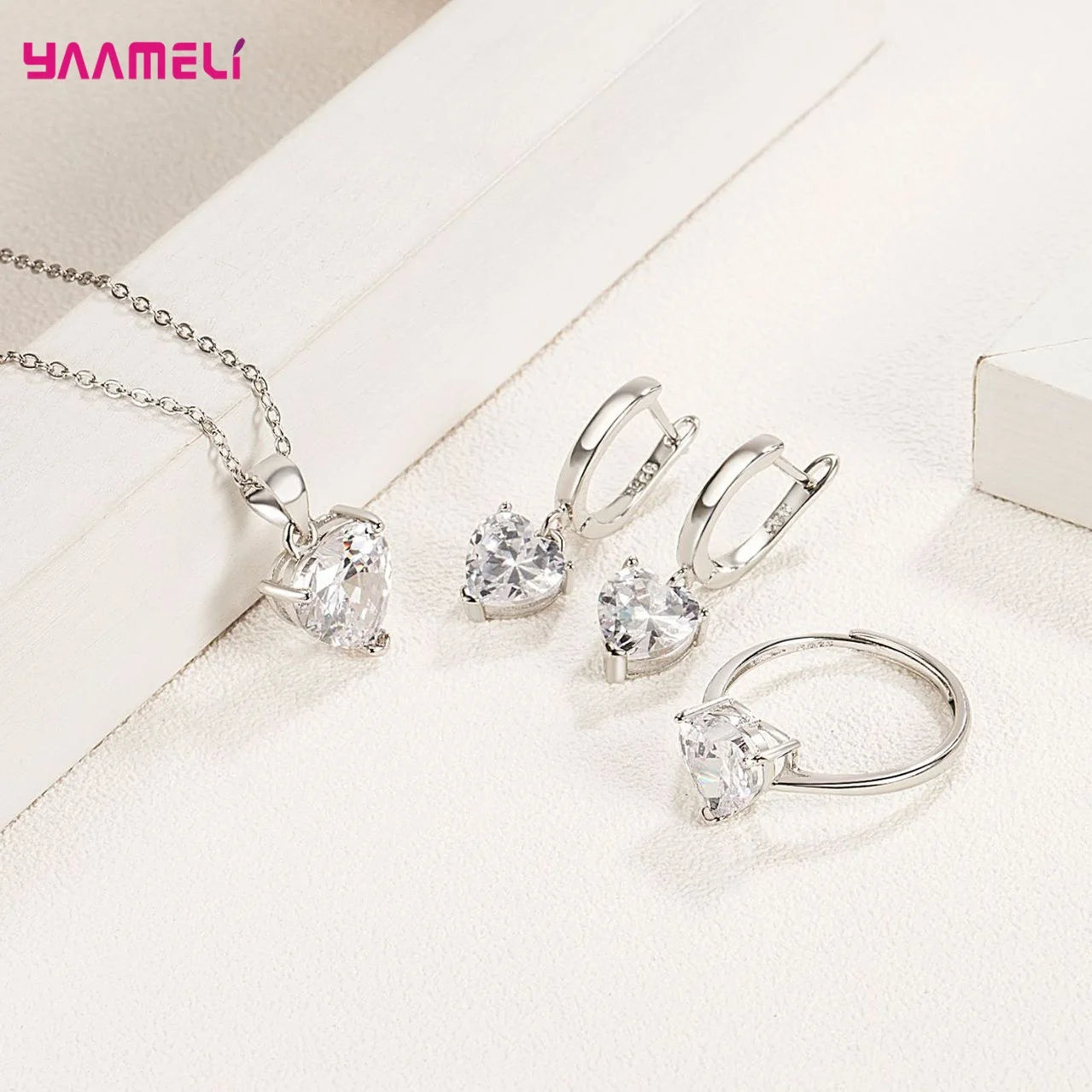 Fine 925 Sterling Silver Color Jewelry Gift Sets for Women Female Romantic Heart Zircon Huggie Earrings Pendant Necklace Ring Qme