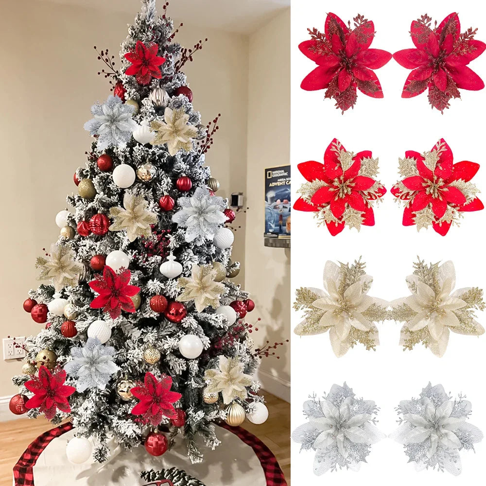 5-20pcs Sparkling Red Golden Silver Poinsettia Artificial Flowers Christmas Tree Ornaments for Xmas New Year party Decoration Qme