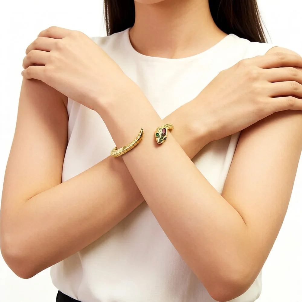 Bangle Curved Golden Snake Europe Fine Jewelry Bohemia Gift For Women Summer Brand New Good Solid Sterling 925 Silver Bracelet Qme