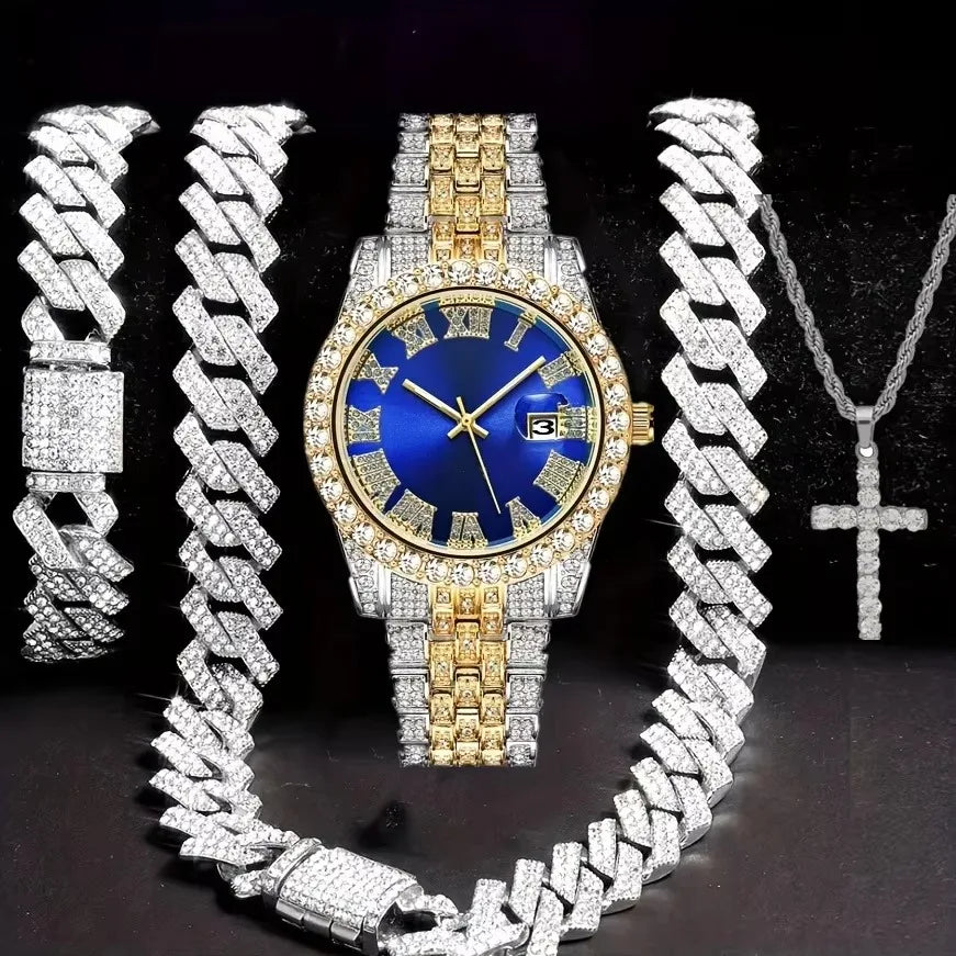 Diamond studded luxury steel strip quartz watch, diamond studded hip-hop Cuban bracelet set, watch set Qme Multicolor