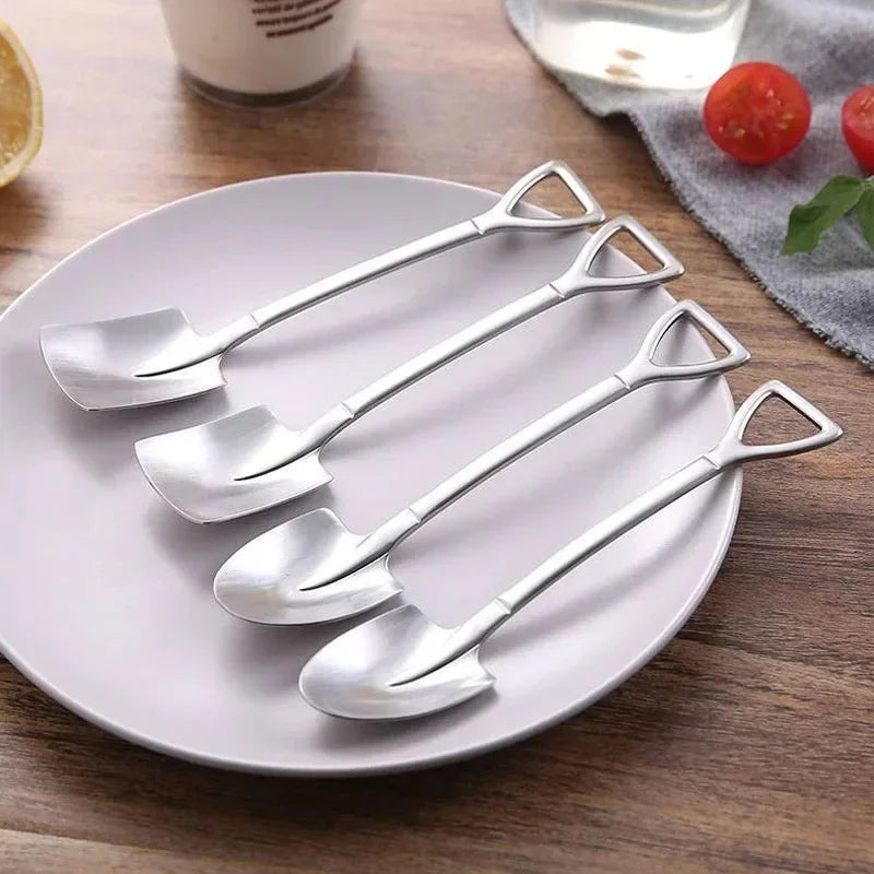 Stainless Steel Shovel Spoon Cutlery Coffee Tea Spoon Ice Cream Dessert Fruit Party Scoop Teaspoon Kitchen Tableware Cutlery Set Qme