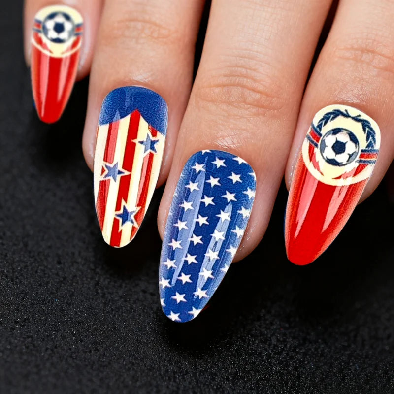 Red Blue Star Soccer Press On Nails Fan Party False Nails Easy To Apply And Remove Qme