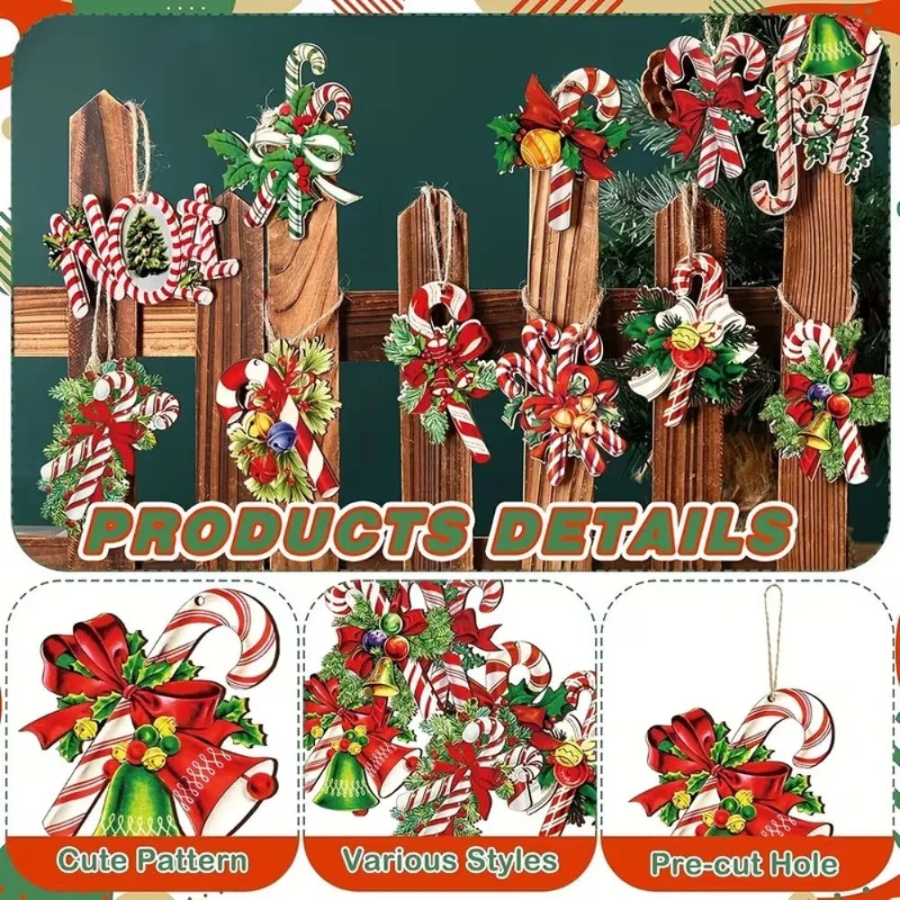 Wooden Christmas Tree Ornaments Cute Candy Cane Bow Bells Hanging Qme