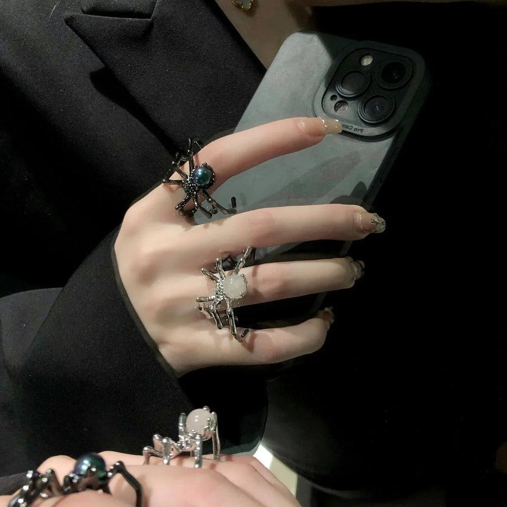 Punk Dark Spider Open Ring Retro Moonstone Black Ring For Women New Gothic Jewelry Dropshipping Wholesale Gift Punk Rings Girl Qme