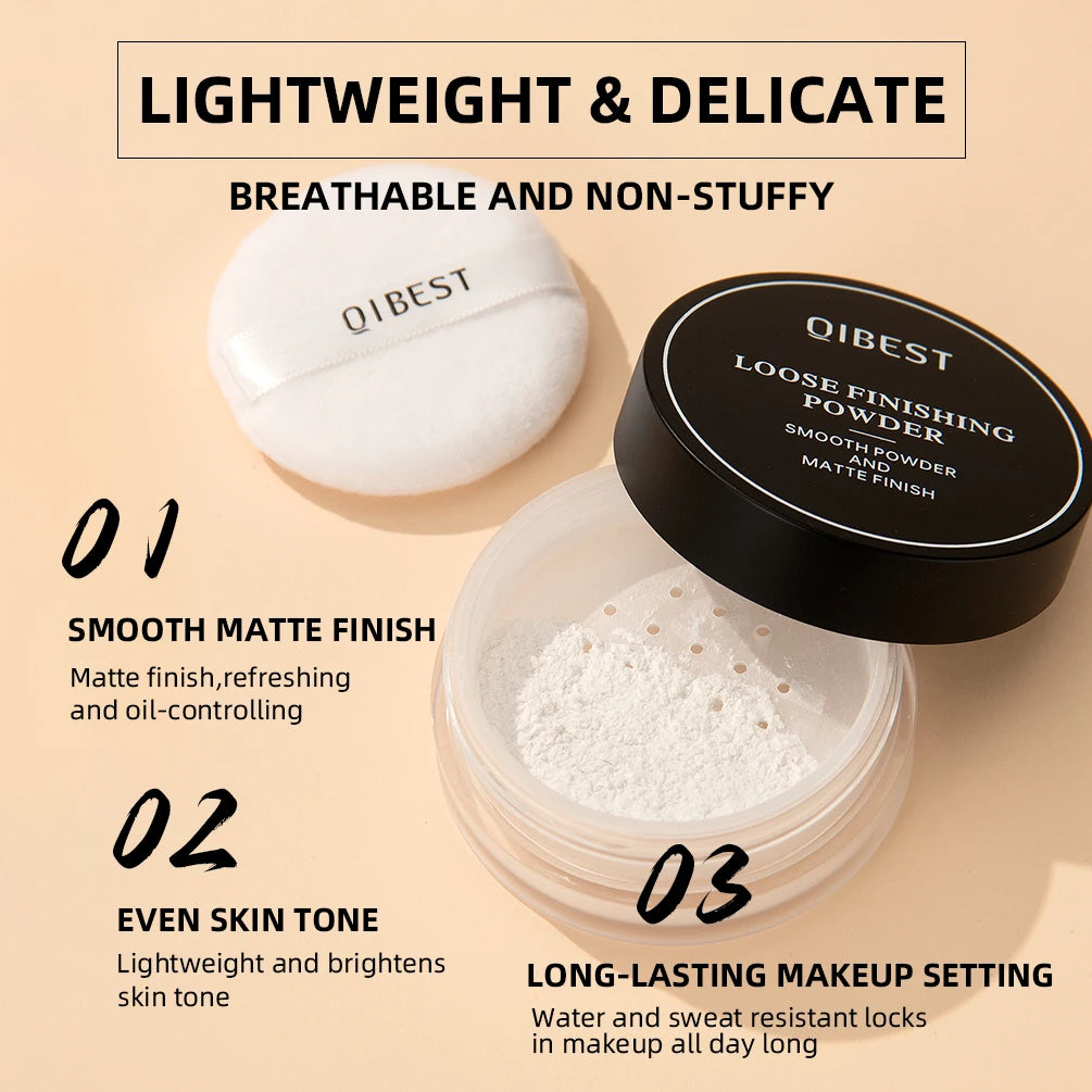 QIBEST Face Loose Powder Translucent Matte Setting Powder Oil-Control Reduce Pores Fine Line Long-Lasting Waterproof Face Makeup Qme