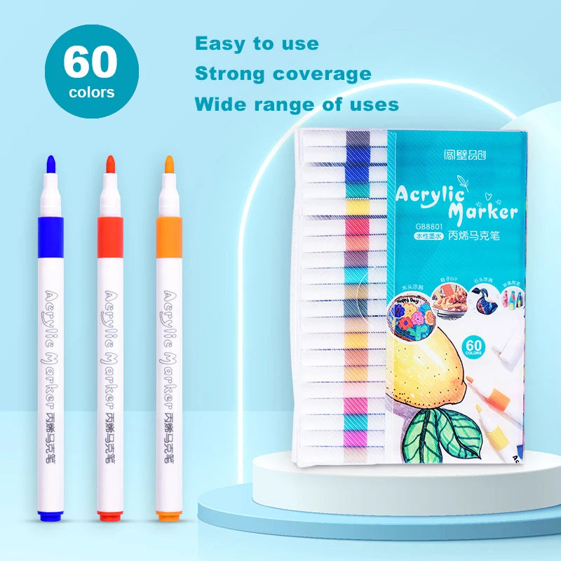 Acrylic Paint Marker Set - 12/24/36/48/60/80 Colors, Non-toxic, Waterproof, Suitable for DIY, Artists, Office Supplies Qme 60Colors