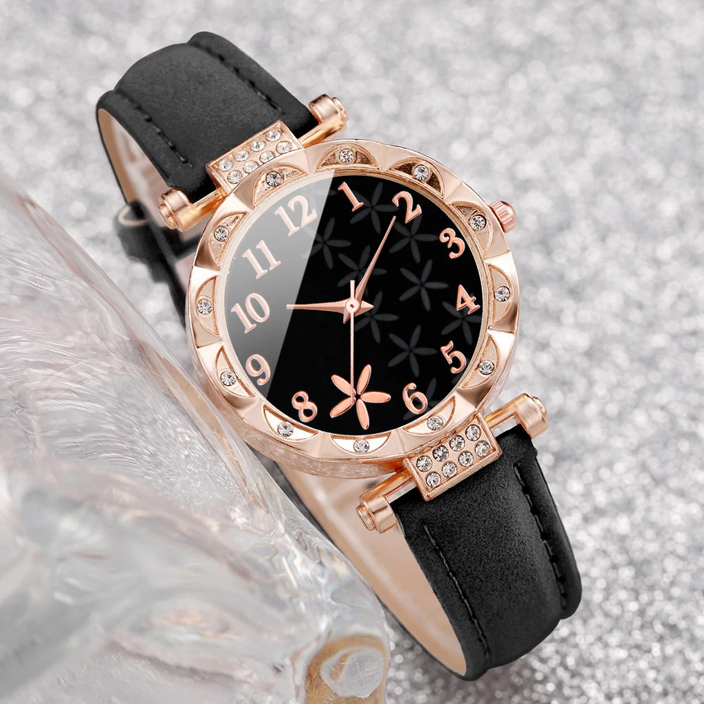 6PCS/Fashion Women's Watch Set Simple Leather Strap Quartz Women's Watch Set Girl Gift Qme
