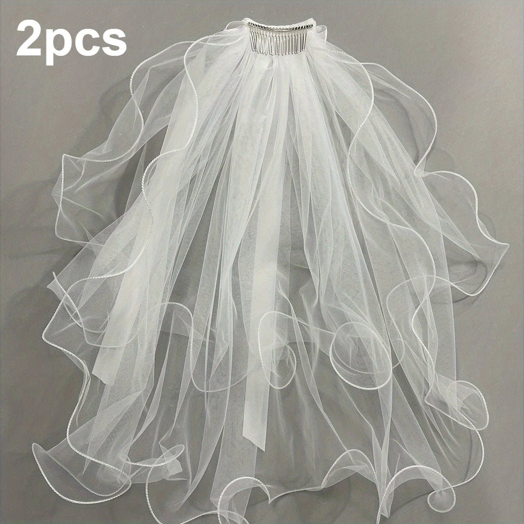 Bridal Veil Bachelorette Party White Bow Wedding Veil Elegant Tulle Layer Hair Clip for Women and Girls Qme 2pcs