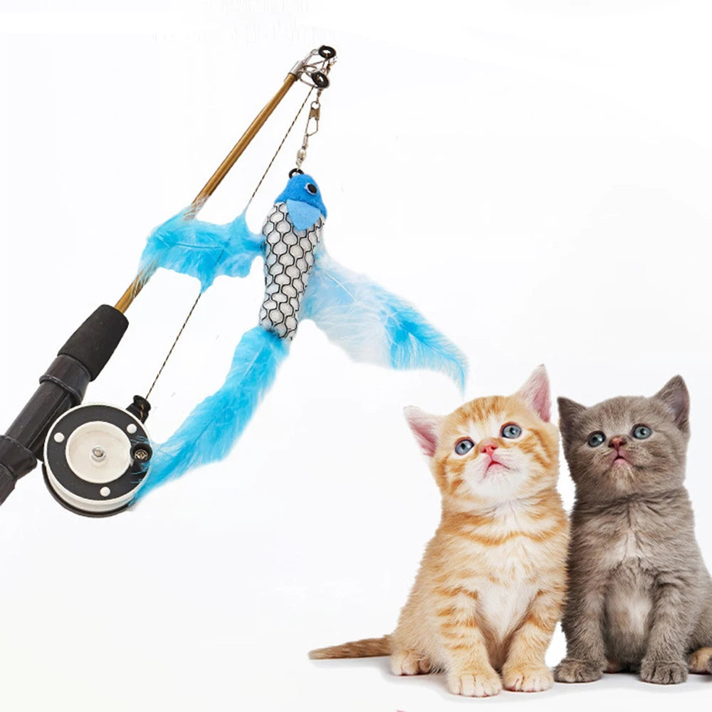 Retractable Cat Toy Fish Type Telescopic Feathers Funny Cat Stick Toys Pet Toy for Kitten Cat Rods Simulation Fishing Rod Qme