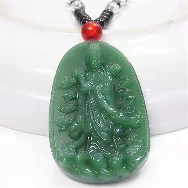 New Retro Buddha Imitation Green Jade Pendant Necklace Ethnic Religion Sweater Necklace Accessories Wholesale Qme Mazu