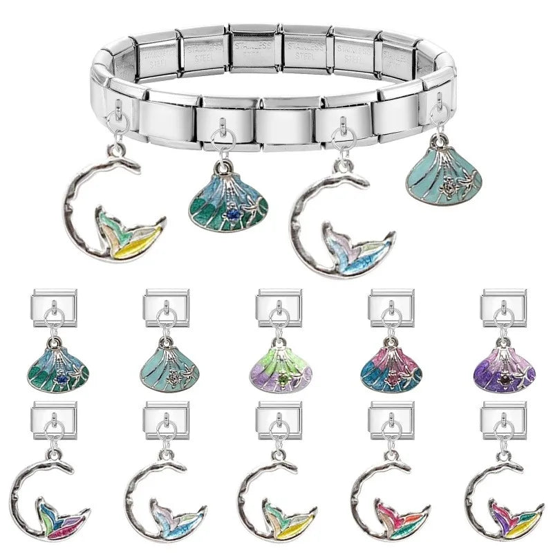 2025 Shiny Zircon Shells Starfish Conch Blue Italian Charm Links Fit 9mm Stainless Steel Bracelet Women Jewelry DIY Making Gifts Qme