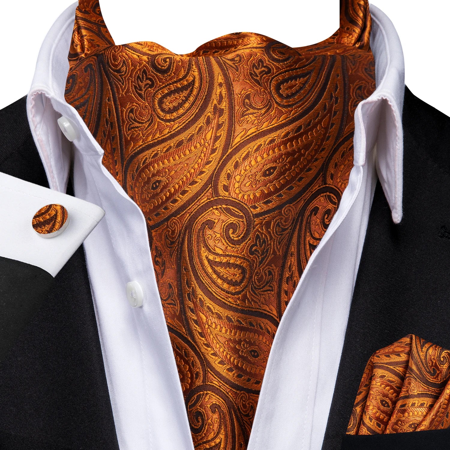 Hi-tie Mens Ascot Pocket Square Cufflinks Jacquard Paisley Floral Qme AS-1149