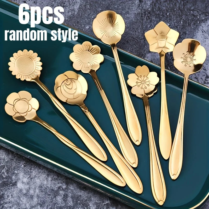 Set of 6 Random Style Stainless Steel Teaspoons Ideal for Desserts - Petite Coffee Spoons, Charming Dessert Spoons for Tea, Soup Qme
