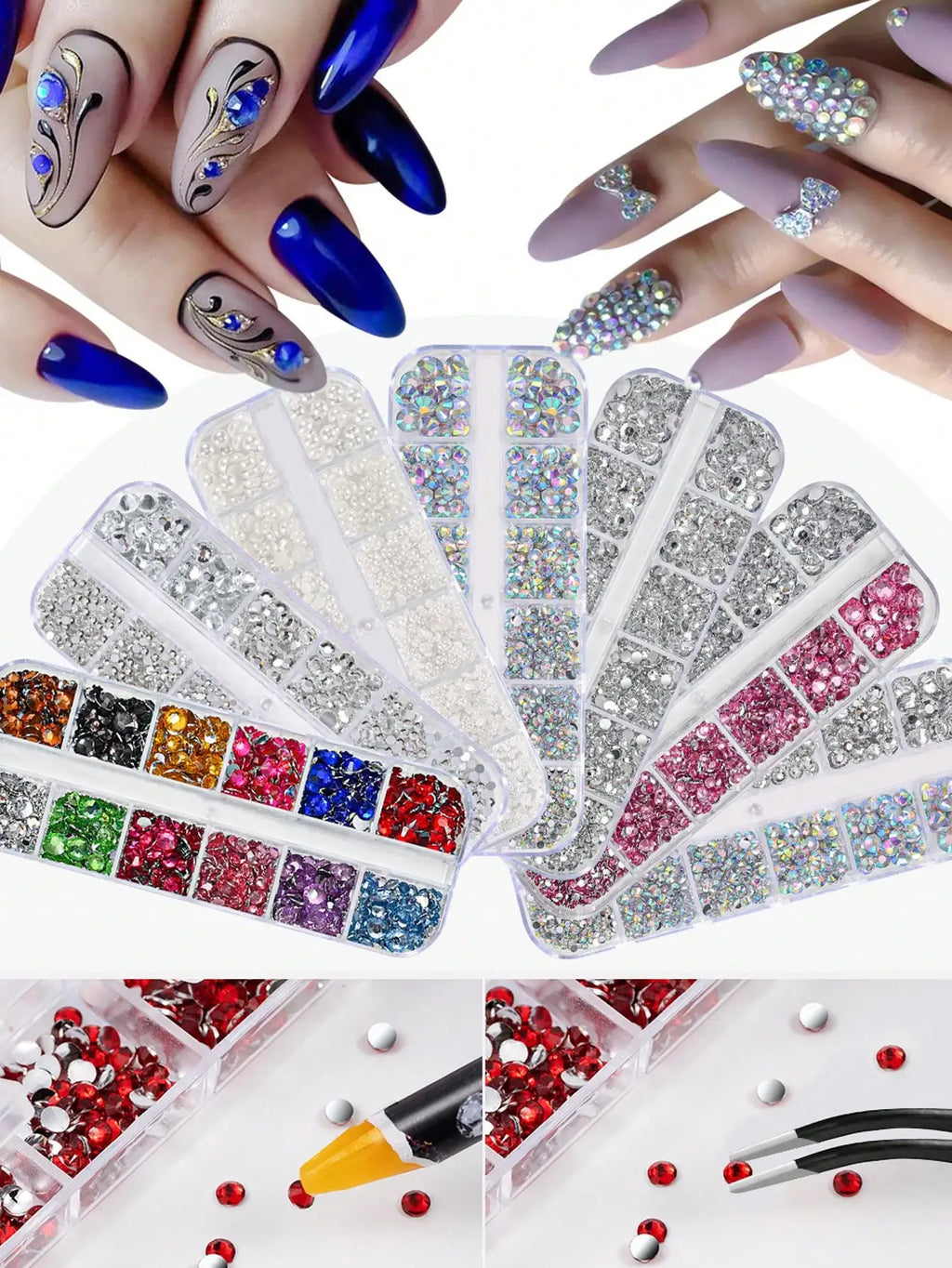Multi-size AB Crystal Nail Rhinestones Flat Bottom Clear Diamond Gems Qme