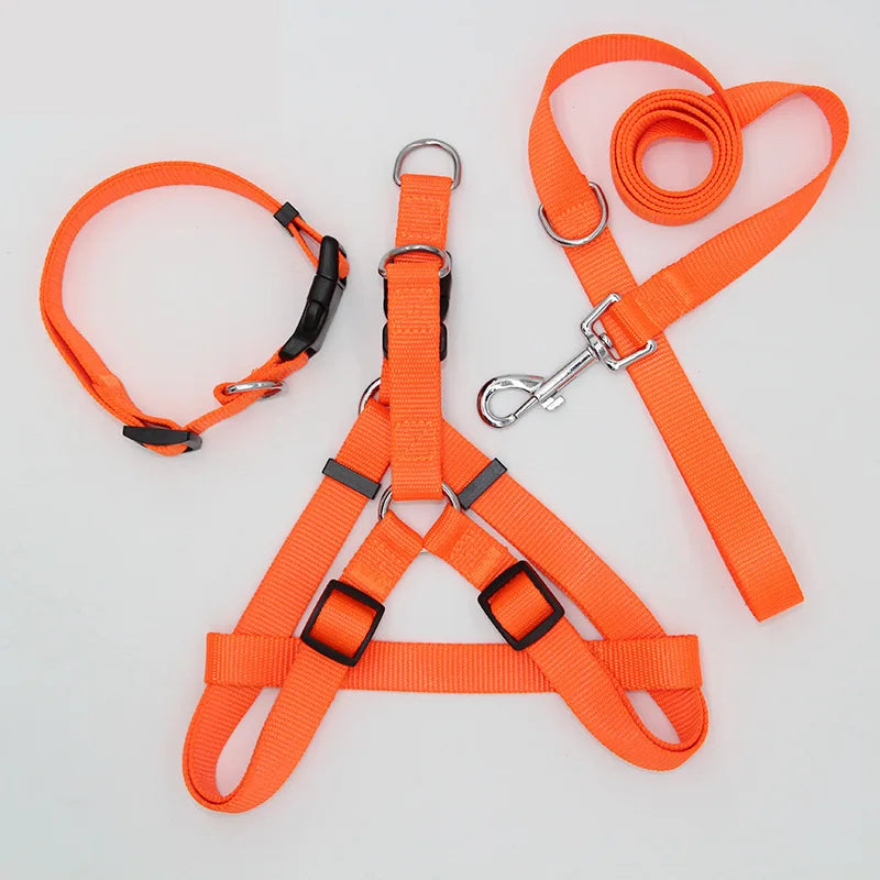 B 2/3Pcs Solid Nylon Dog Harness Collar Leash Set, Adjustable Breathable Traction Kit For Dogs Daily Walking Training Qme Orange 3pcs set 2.0