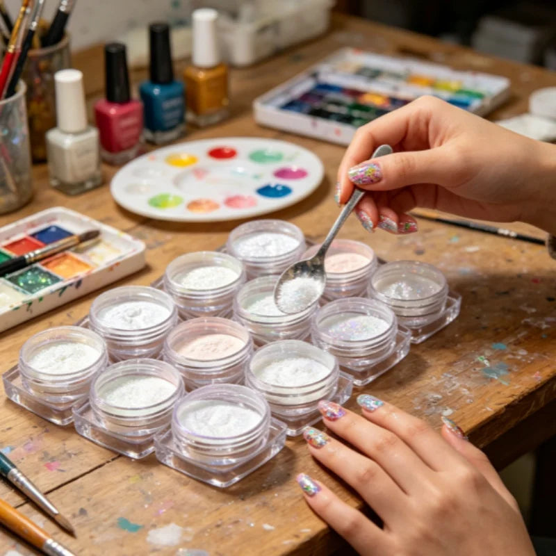 12Pcs/Set Aurora White Nail Mirror Powder 0.3g/Jar Shimmer Moonlight Chrome Pigment Dust for UV Gel Polish Manicure Decorations Qme