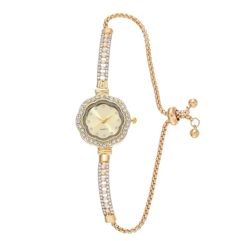 1pcs Floral Colorful Dial Fashion Small Light Luxury Pearl Strap Women's Watch Features Pulling Bracelet Qme Coffee