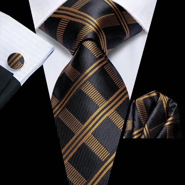 Complete Men's Tie Accessories Bundle: Classic Tie, Pocket Handkerchief, Cufflinks, Premium 3-in-1 Set for Office & Parties Qme DPTH-LDSN3915