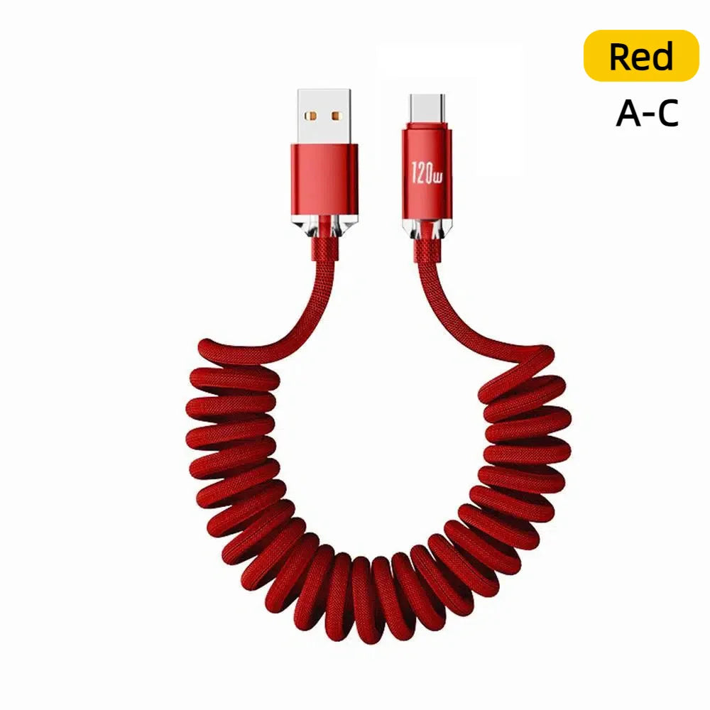 120W Car Spring Cable USB Type C Cable Retractable Spring Fast Charging Data Cord Dual PD Quick Charge Cable For iPhone Samsung Qme red A-C 2m