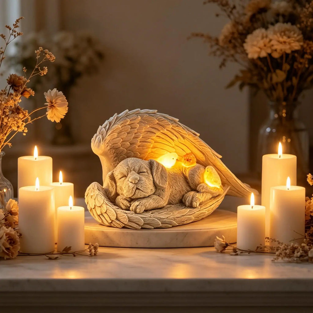 Angel Dog Figurine Memorial Sculpture Solar Light Waterproof Resin Qme