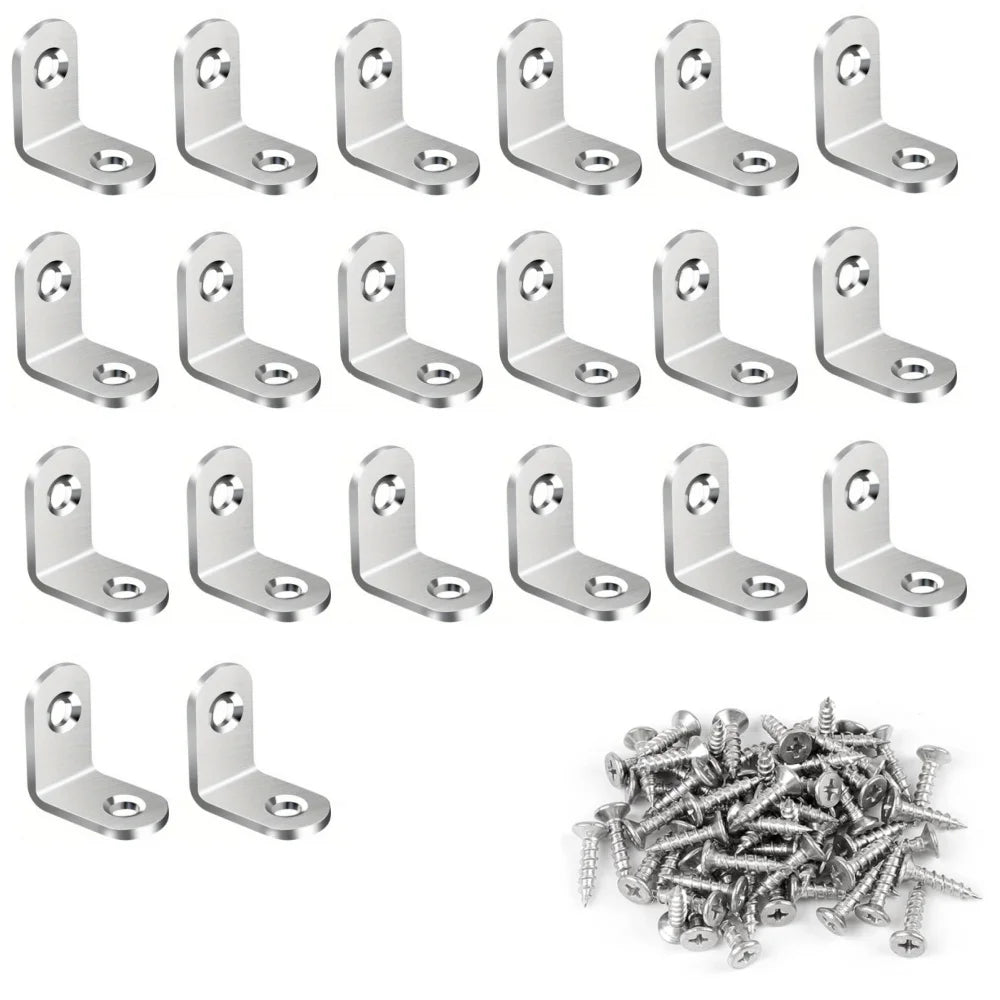 100-10PCS Stainless Steel L-shaped Corner Bracket 90 Degree Furniture Layer Board Fixed Connection Angle Bracket with Screws Qme Silver 20pcs