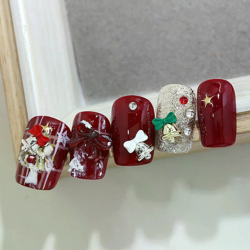 Christmas Alloy Nail Accessories Mini Colored Bow Bell Rhinestones Qme