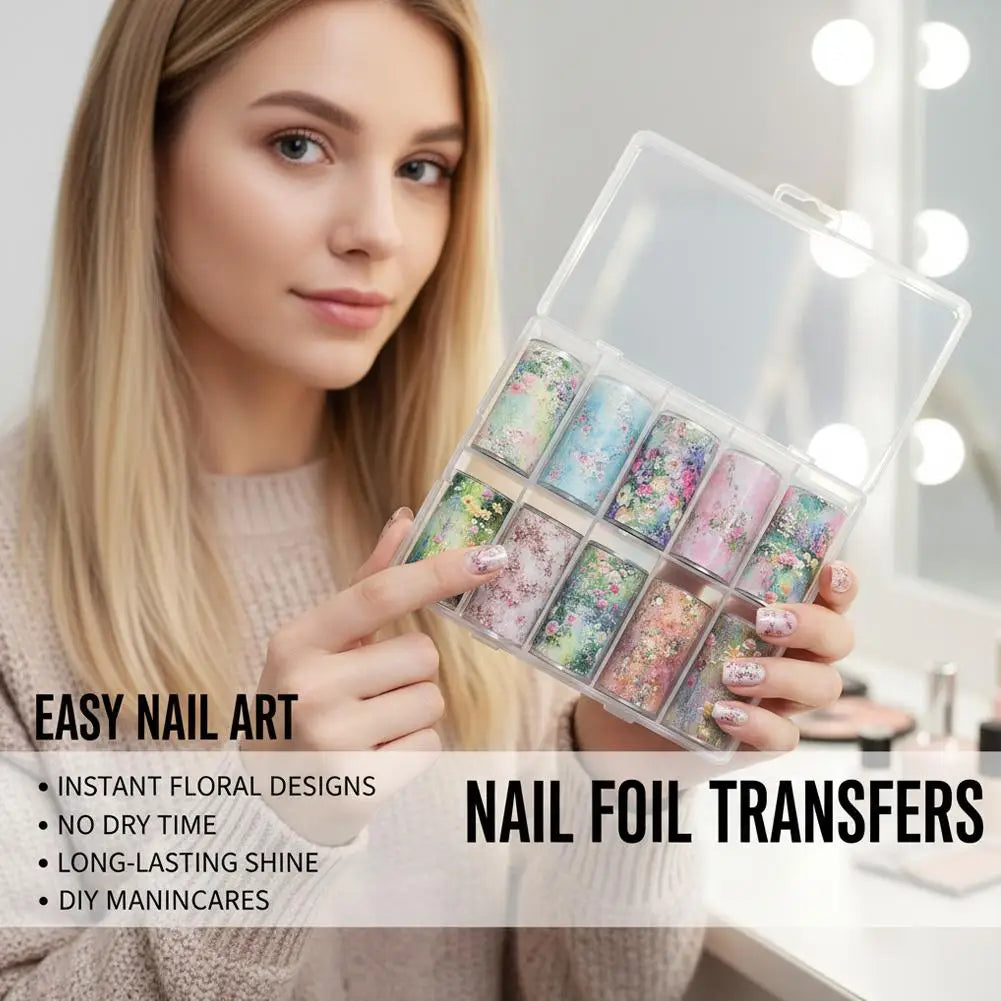 10 Rolls Flower Nail Foil Nails Art Design Stickers Decals Qme